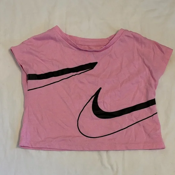Nike Pink Crop Top with Black Swoosh and Striped Leggings - Picture 2 of 5